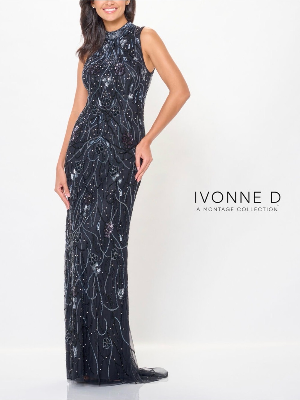 Beaded High-Neck Evening Gown